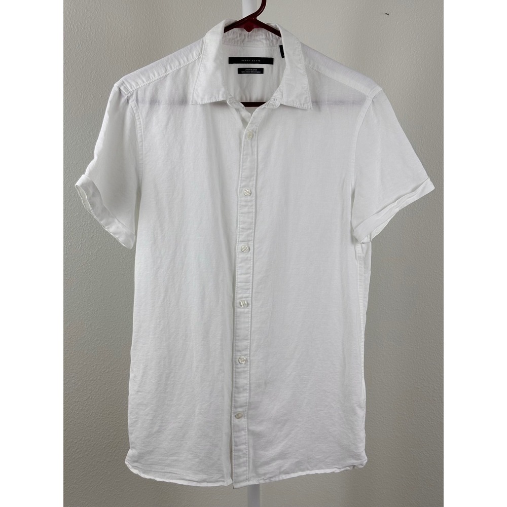 Perry Ellis Mens White Linen Blend Short Sleeve Button Down Shirt Size Small